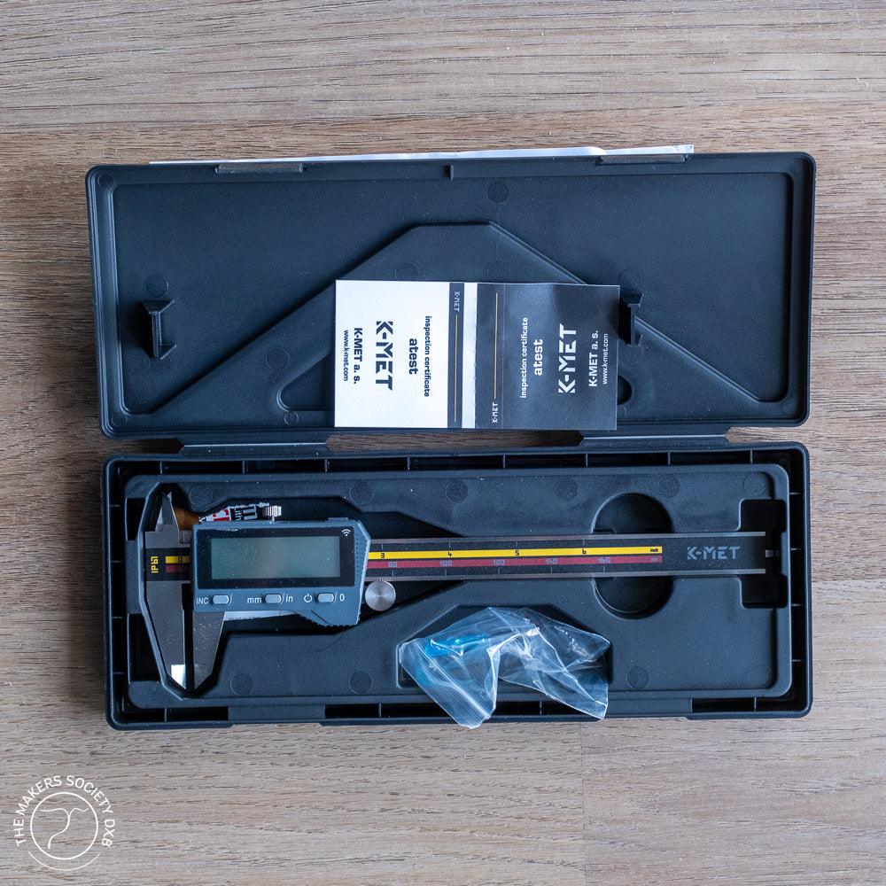 K-MET Digital Caliper Iconic Labo IP67 Bluetooth Enabled with top view in the original box sold by The Makers Society Dubai