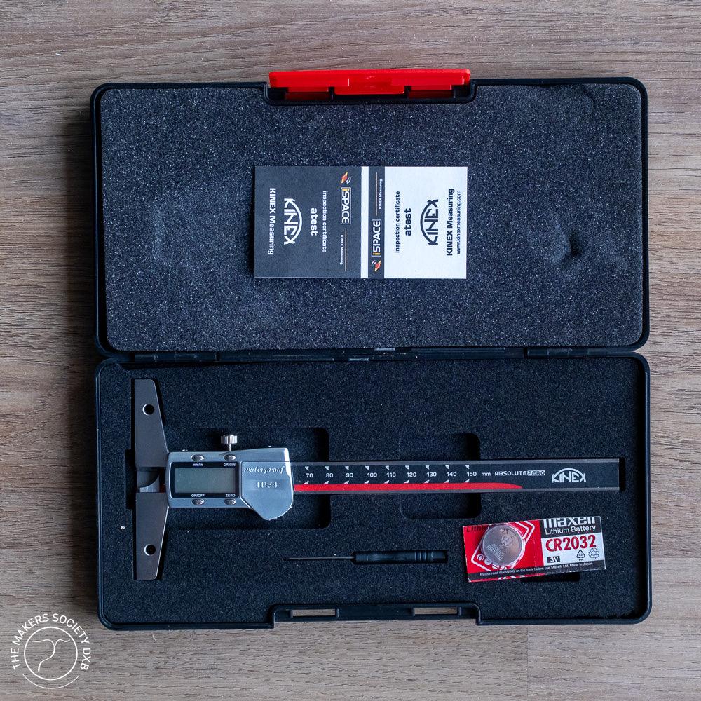 K-MET Digital Depth Caliper – 150mm, 0.01mm, DIN 862 top view in the original box with test certificate sold by The Makers Society Dubai