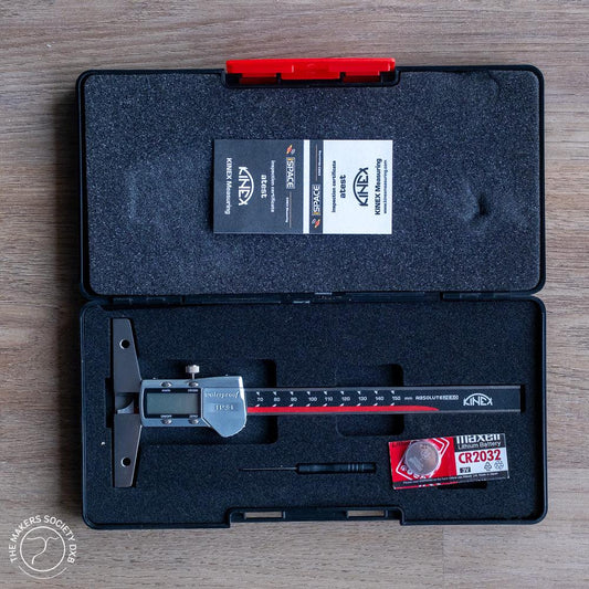 K-MET Digital Depth Caliper – 150mm, 0.01mm, DIN 862 top view in the original box with test certificate sold by The Makers Society Dubai