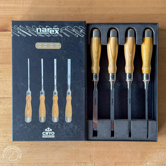 Narex Mortice chisels set of 4 in the original box with top view sold by The Makers Society Dubai