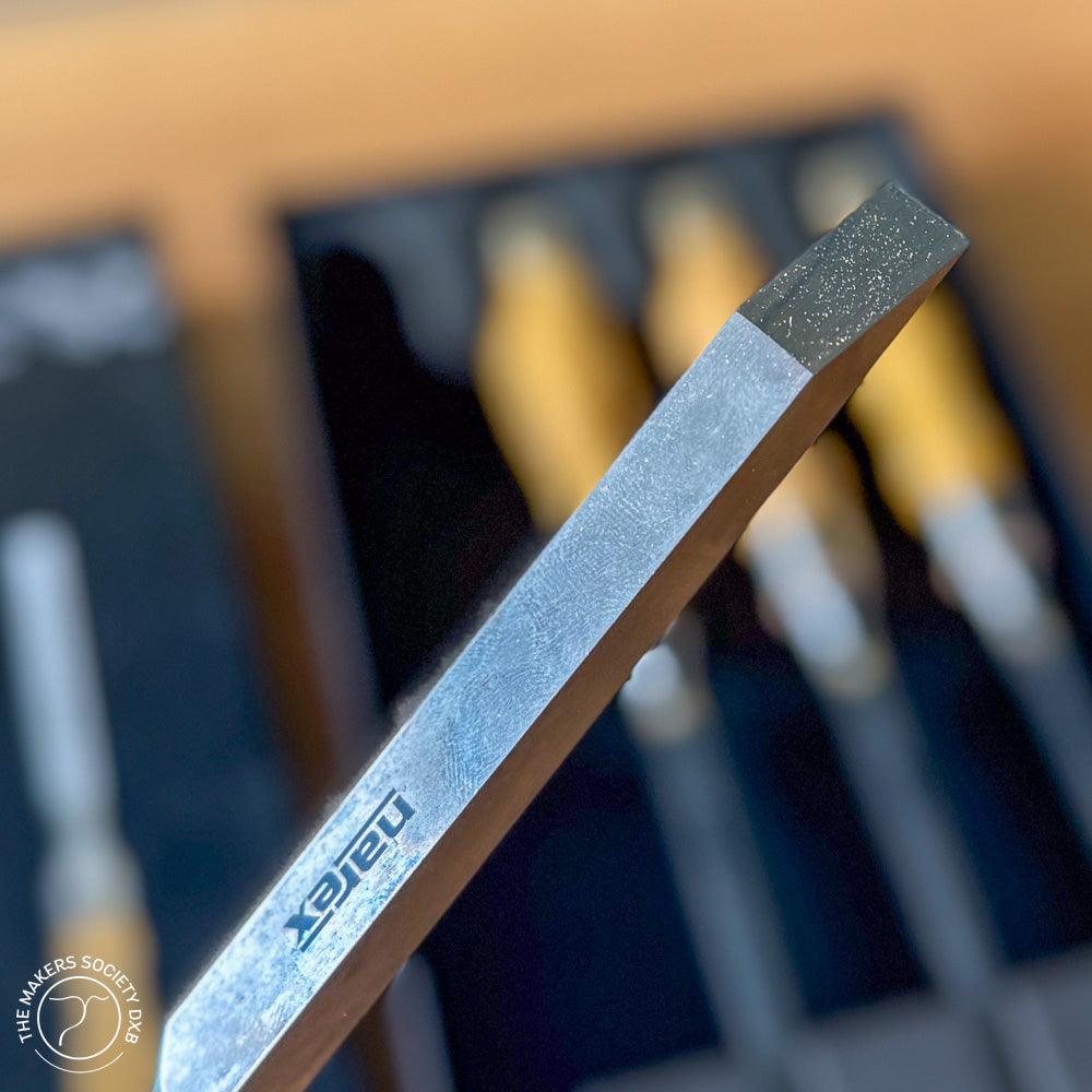 Narex Mortice chisels set of 4 with close up on the detail of the blade sold by The Makers Society Dubai
