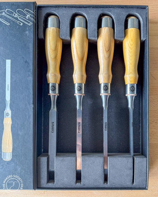Narex Mortice chisels set of 4 in the original box with top view sold by The Makers Society Dubai