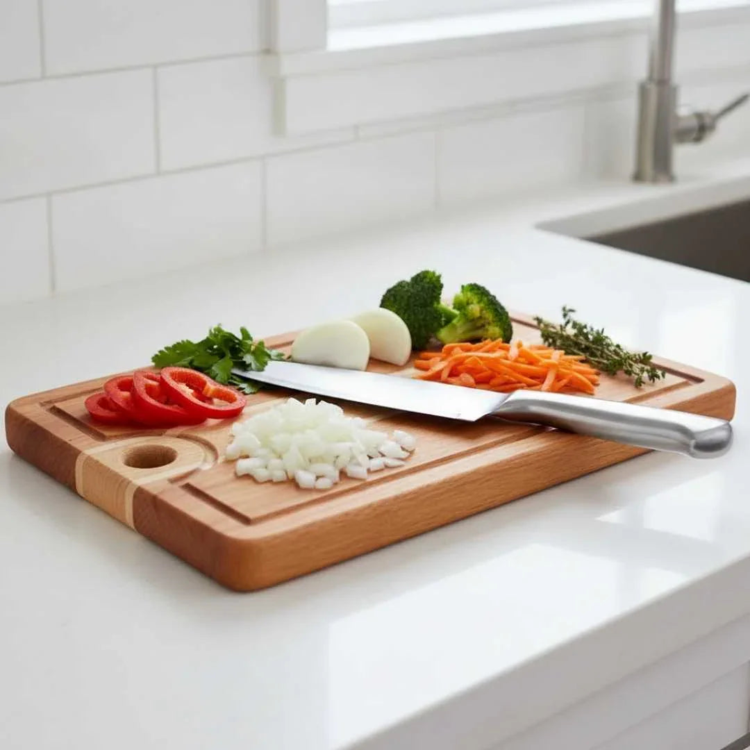 Maple cherry ash wood kitchen serving board with chopped vegetables and stainless steel knife on white countertop
