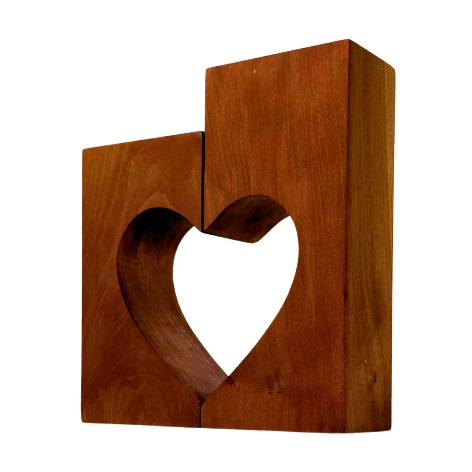 Pair of wooden bookends with a carved heart shape in the center, natural brown finish