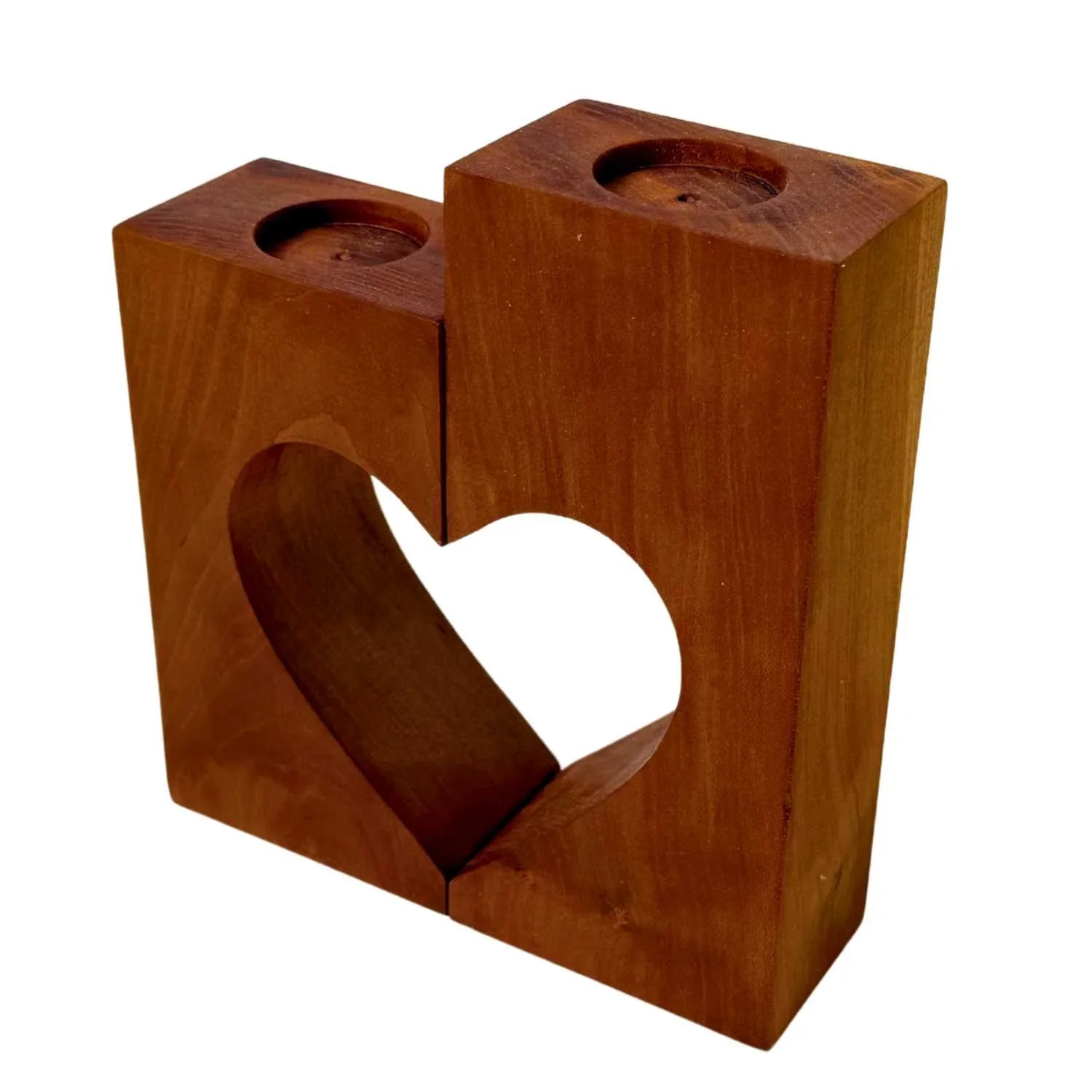 Wooden double candle holder with heart-shaped cutout design in warm brown finish