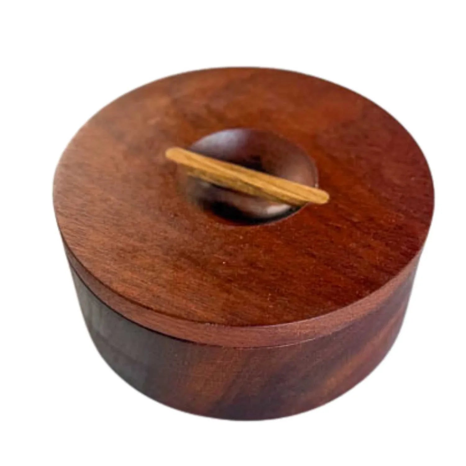 Round Japanese-style wooden box with a lid and wooden handle on top