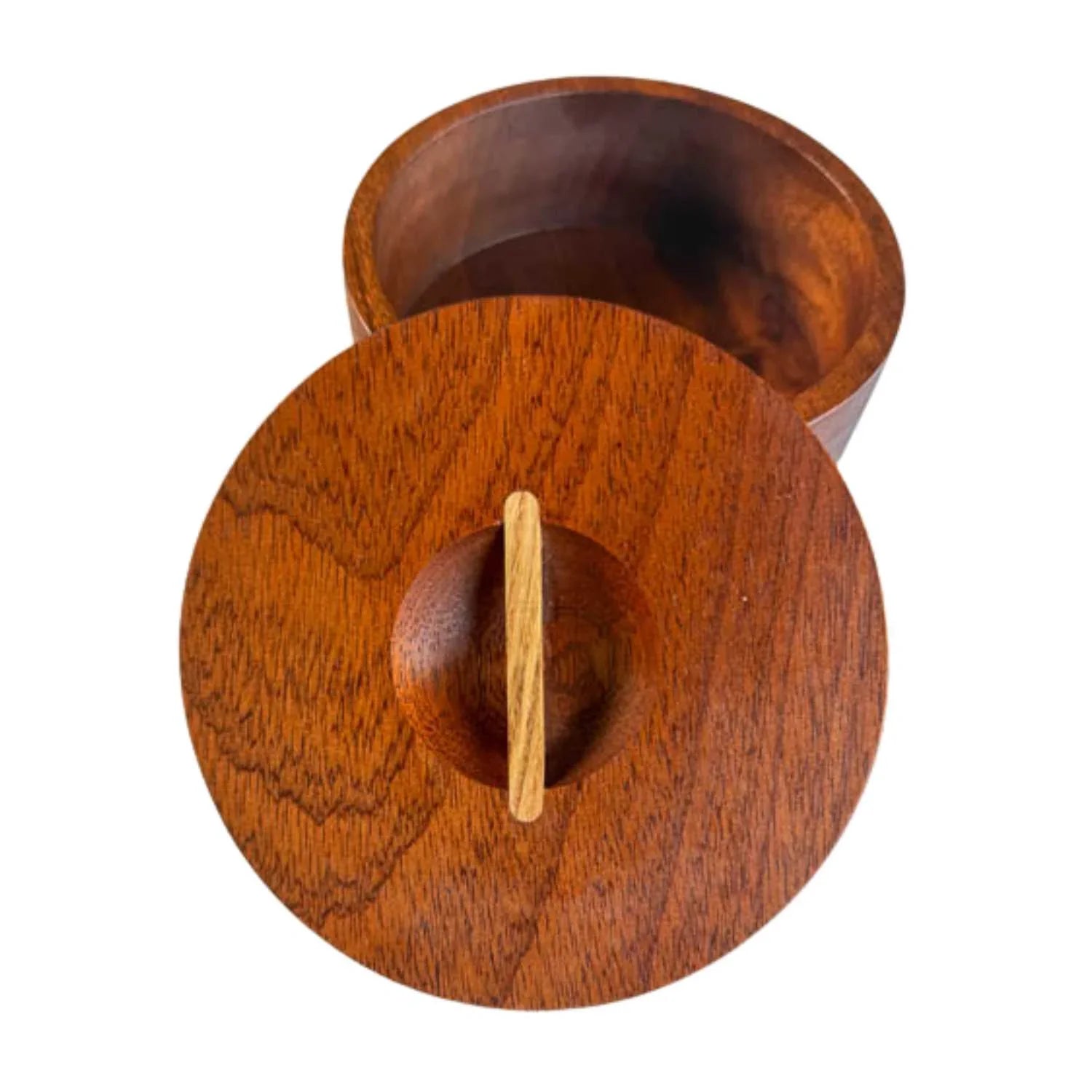 Round Japanese-style wooden box with removable lid and natural wood grain