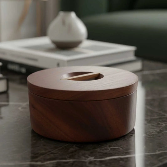 Round Japanese style wooden box with smooth finish on marble table in modern interior
