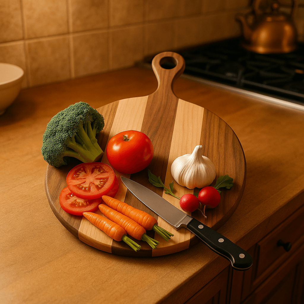 Multi color sustainable round serving board in kitchen environment with fresh vegetables made at The Makers Society Dubai