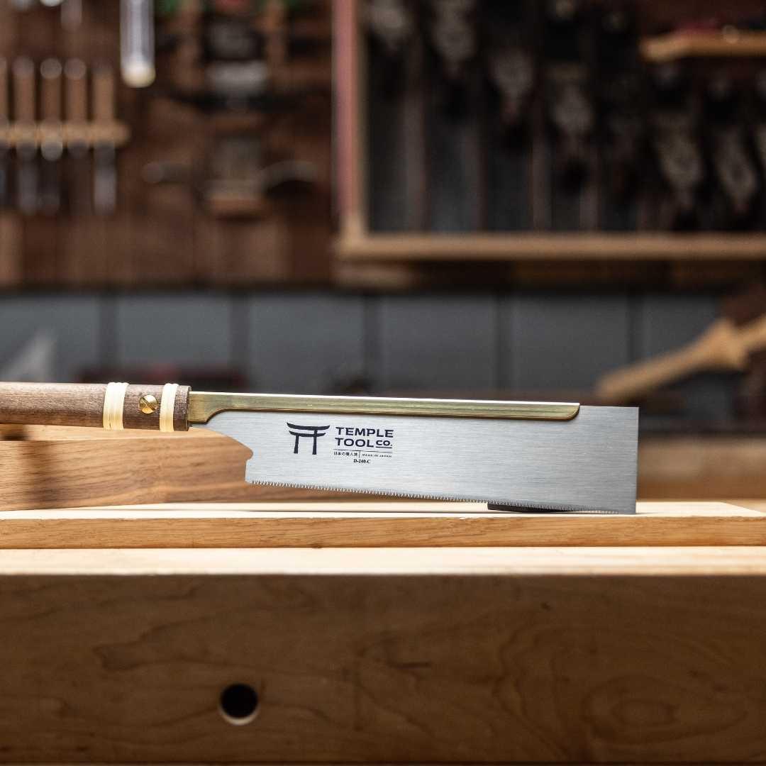 Temple Tool Co. fine crosscut dozuki pull saw 240mm with wooden handle on workbench