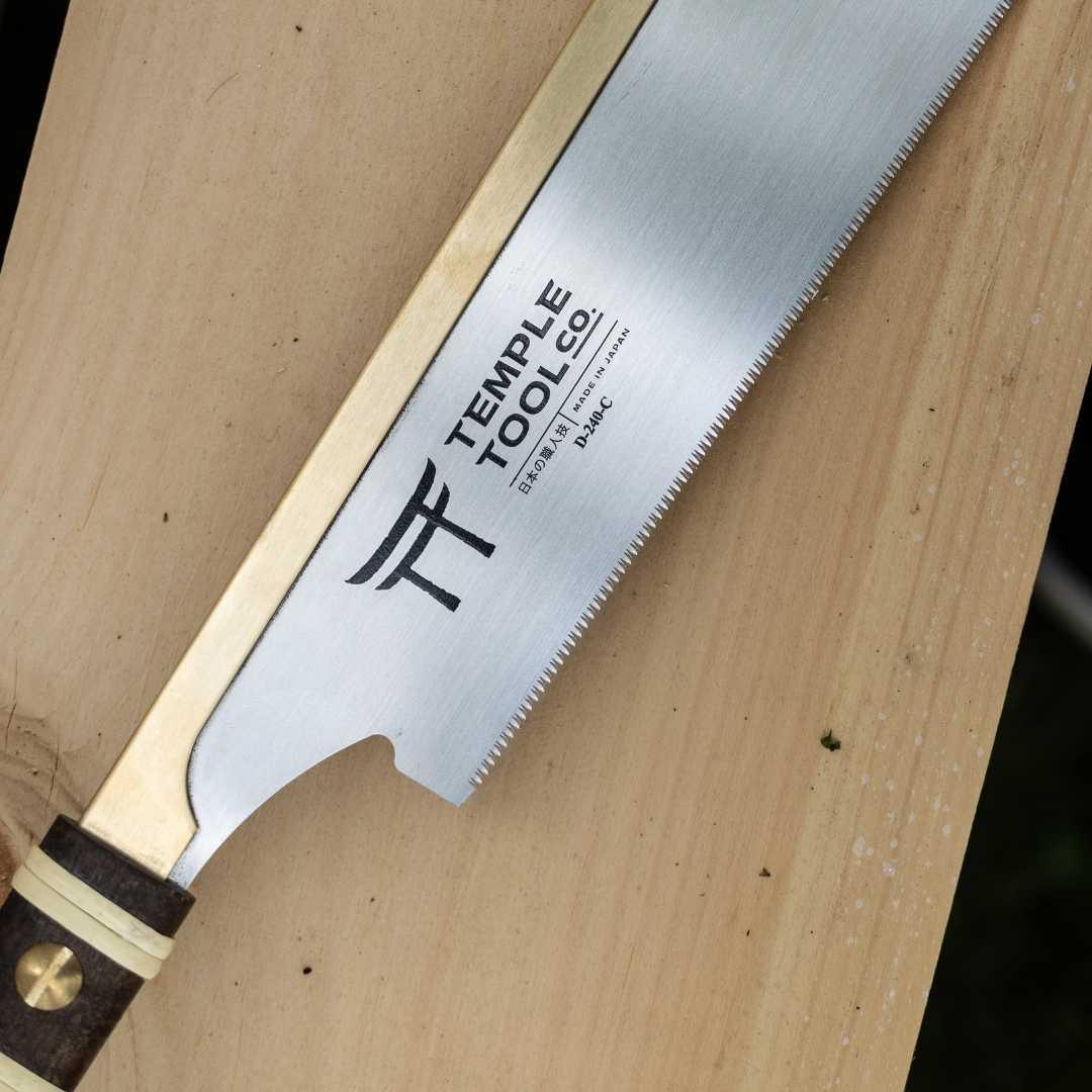 Temple Tool Co. Japanese Dozuki pull saw with fine crosscut 240mm blade on wood