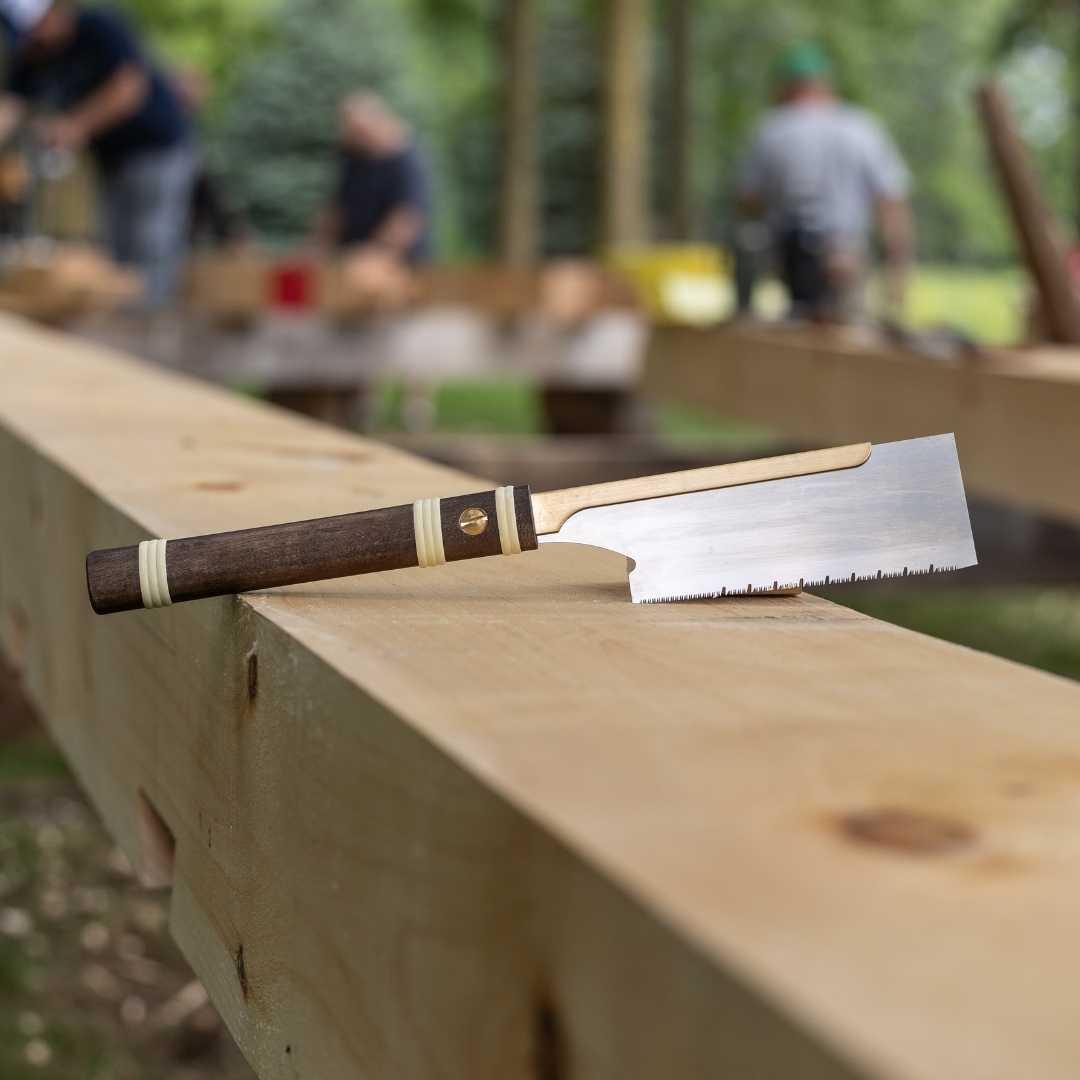 Temple Tool Dozuki pull saw with fine universal cut blade and wooden handle on timber outdoors