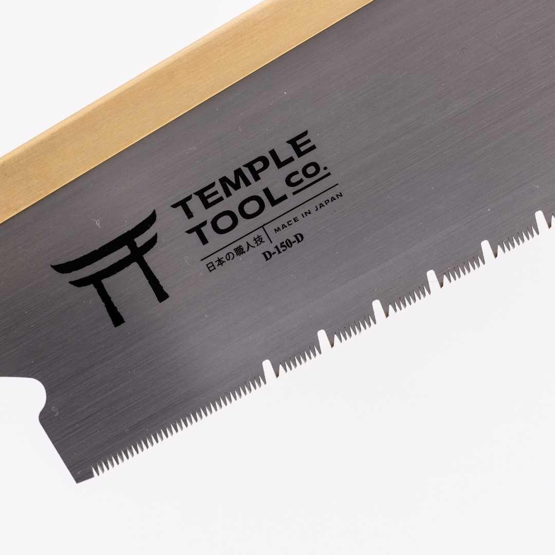 Close-up of Temple Tool Co. Japanese fine-toothed Dozuki pull saw blade with brass back, model D-150-D