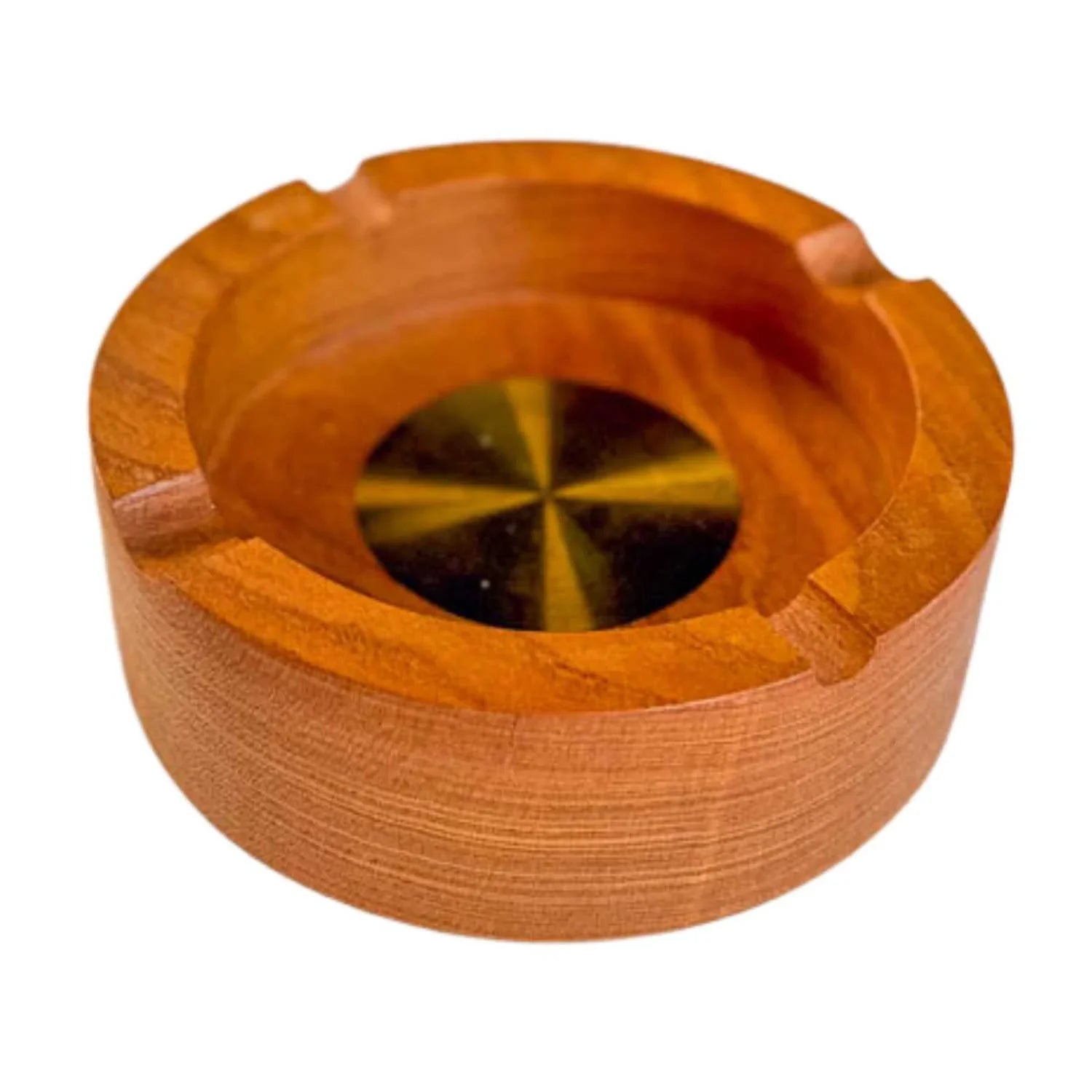 Round Japanese ashtray made of polished Zelkova wood with brass center and cigarette rests