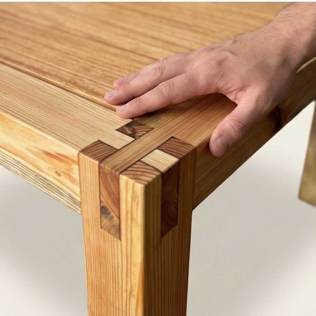 Wooden table corner with hand touching it, showcasing dovetail joint