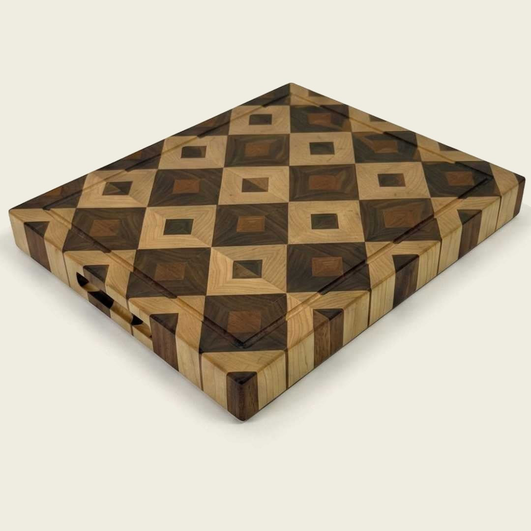 Handmade end grain wooden cutting board with geometric diamond pattern, premium woodworking tool