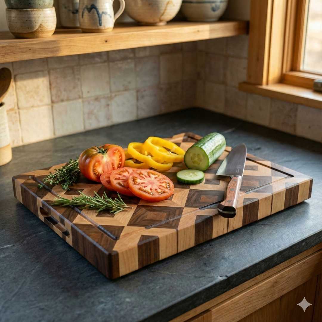 Geometric wood cutting board with sliced vegetables, chef's knife, and fresh herbs on kitchen counter
