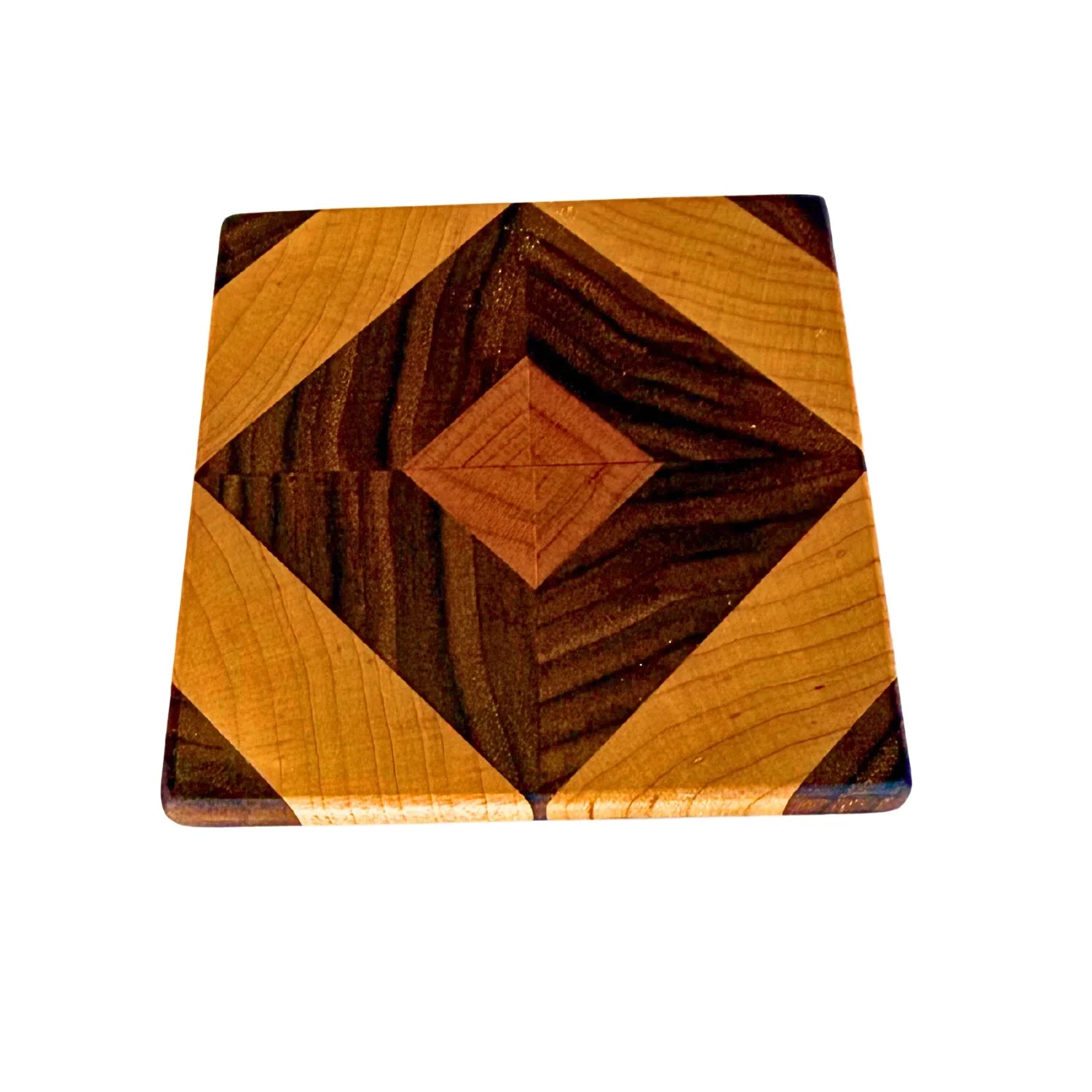 Square wooden coaster with diamond pattern in light and dark wood tones