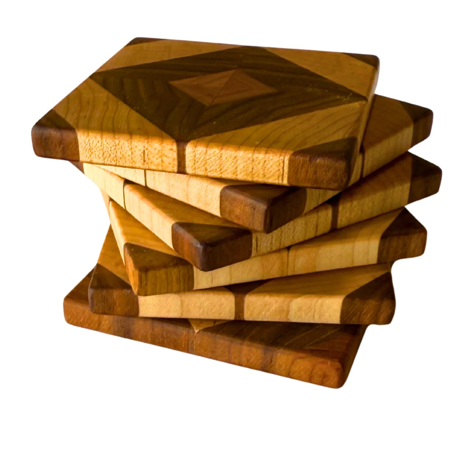 Stack of wooden diamond pattern coasters with light and dark wood tones