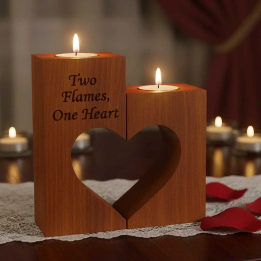 Wooden double candle holder with heart cutout and Two Flames, One Heart inscription on lace tablecloth with rose petals