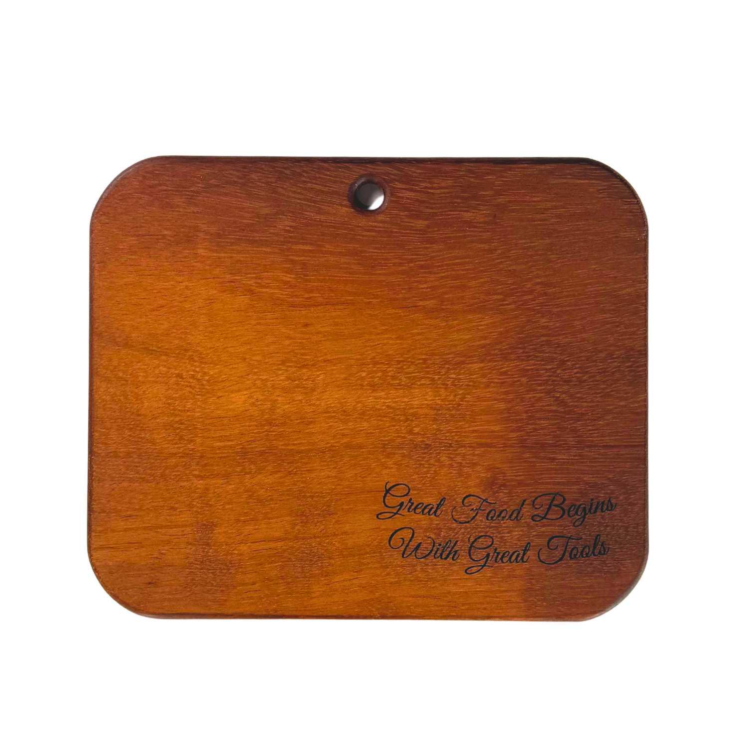 Rectangular Iroko wooden serving board with rounded corners and engraved text on a white background