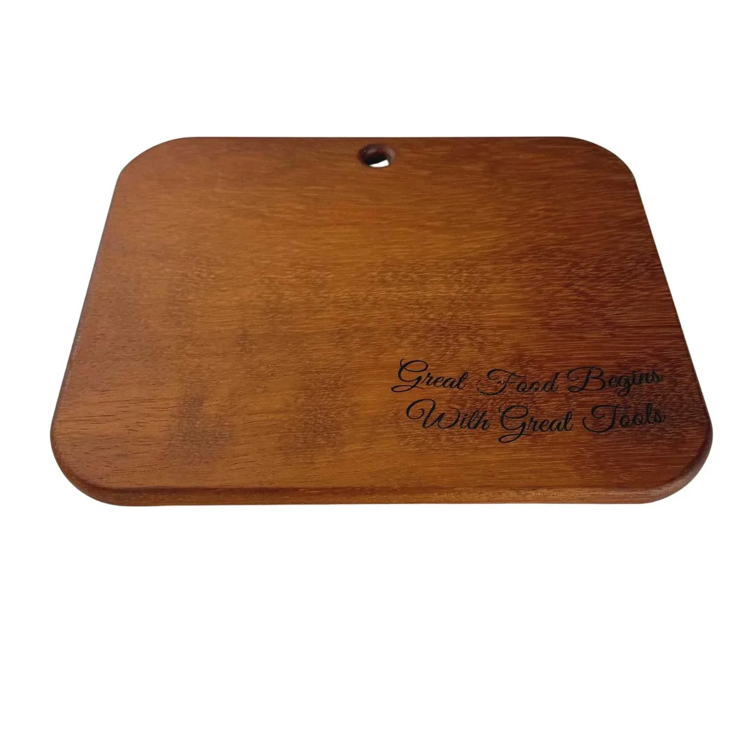 Rectangular Iroko wood serving board with engraved text and rounded edges