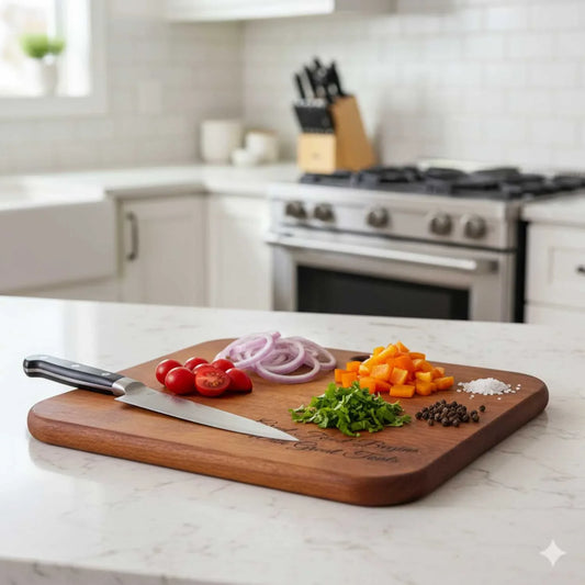 Rectangular Iroko wood serving board on kitchen counter with chopped vegetables and chef knife