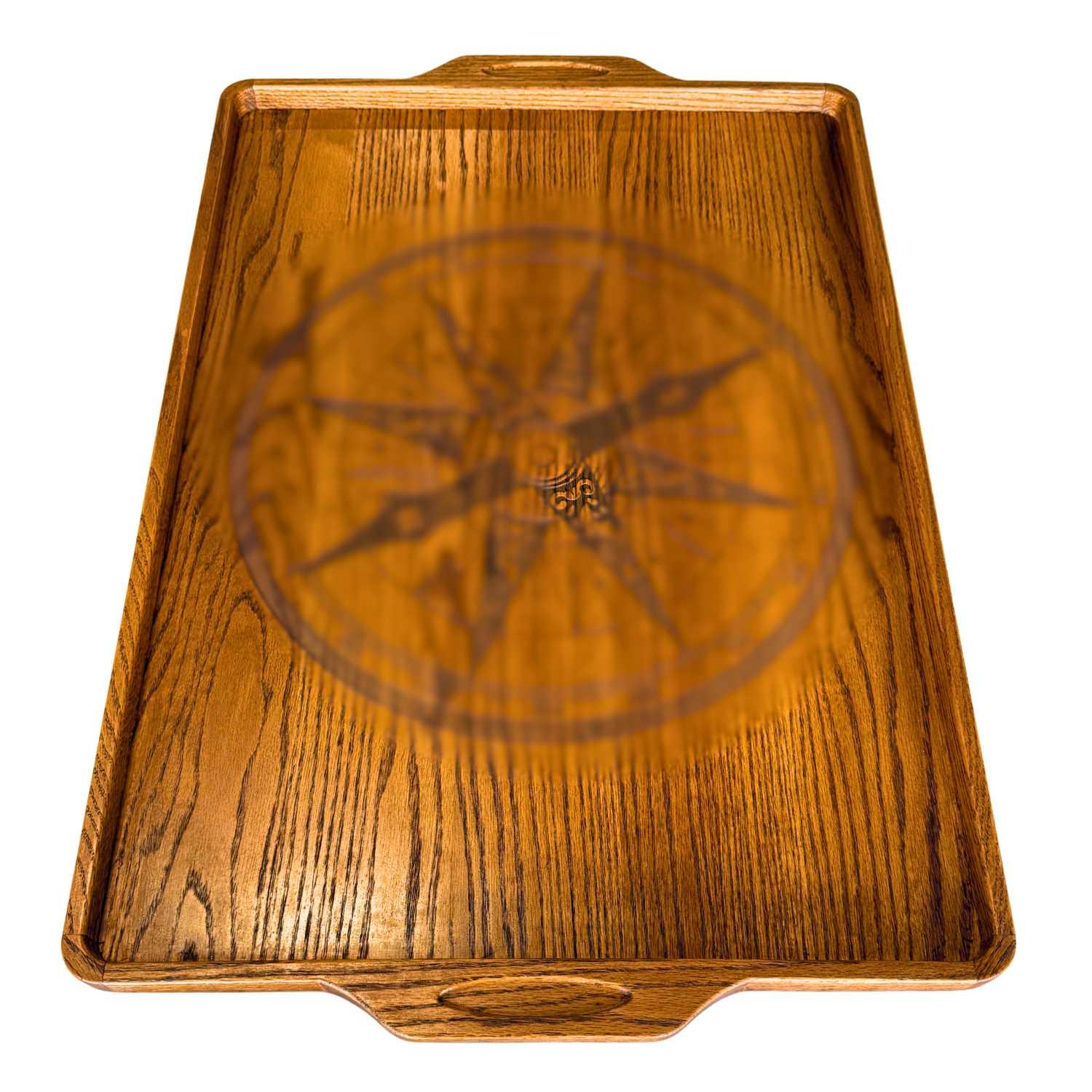 Rectangular red oak serving tray with carved handles and a visible wood grain pattern