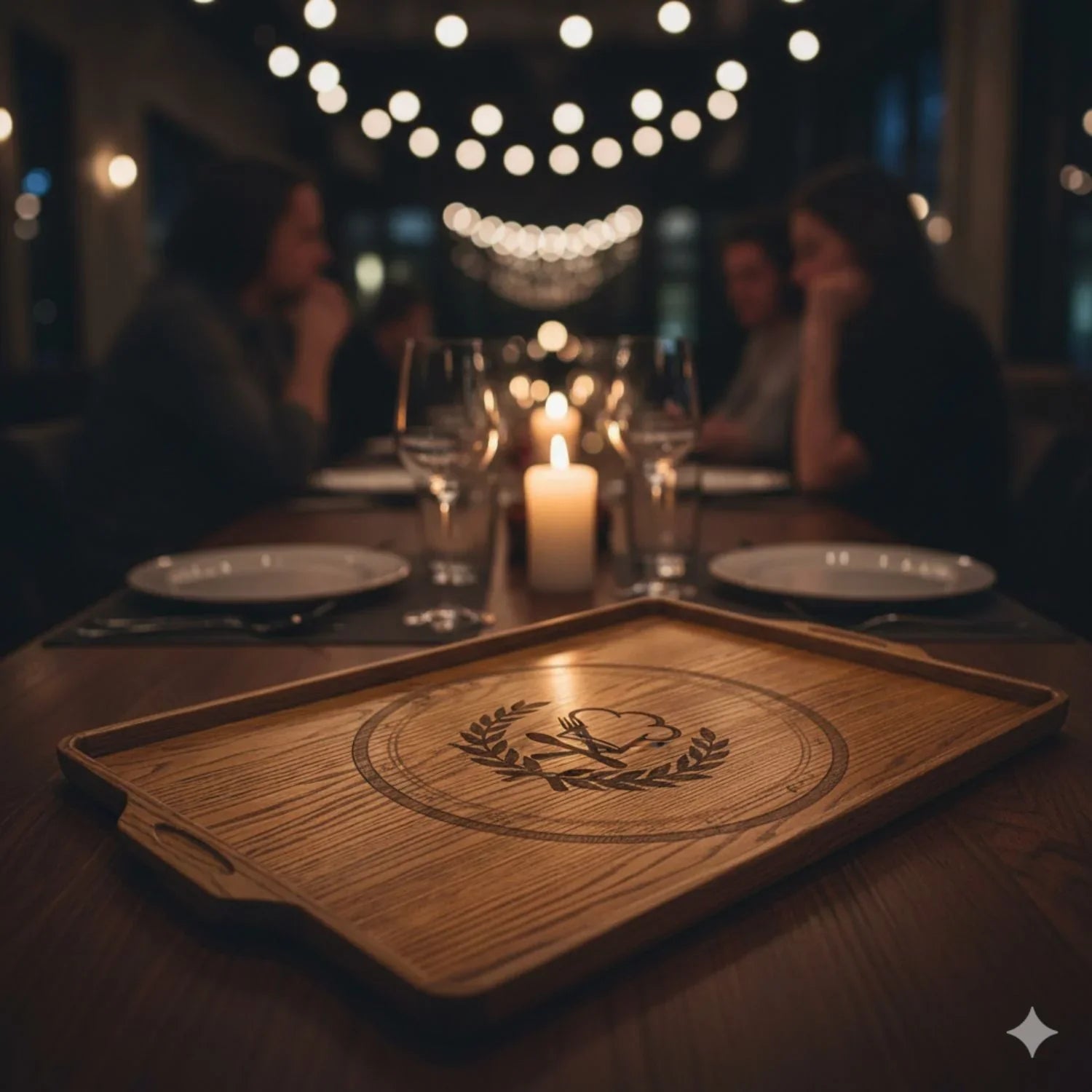 Rectangular red oak serving tray with chef hat logo on a dining table with candle and blurred people