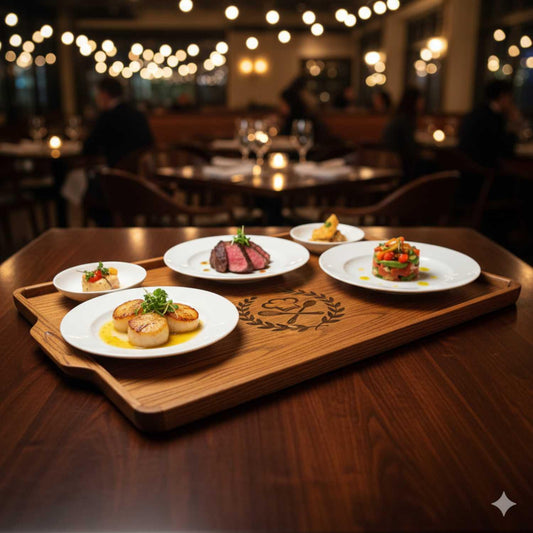 Rectangular red oak serving tray with engraved chef logo holding five white plates of gourmet food