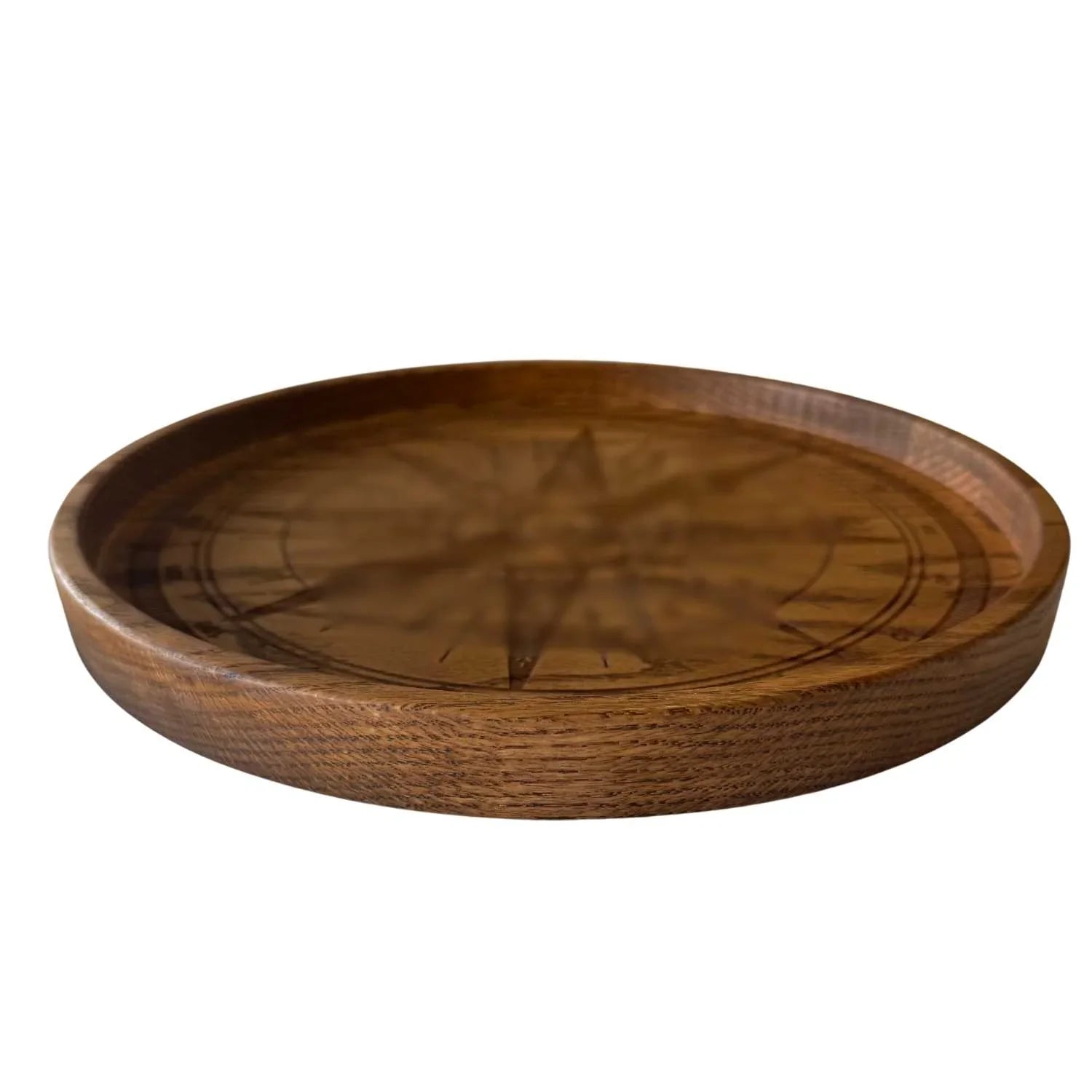 Round red oak wooden tray with compass design engraving
