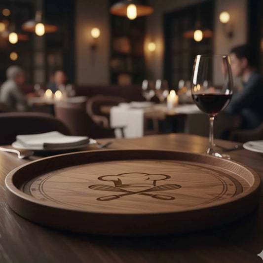 Round wooden serving tray with chef hat and spoons engraving on restaurant table with wine glass