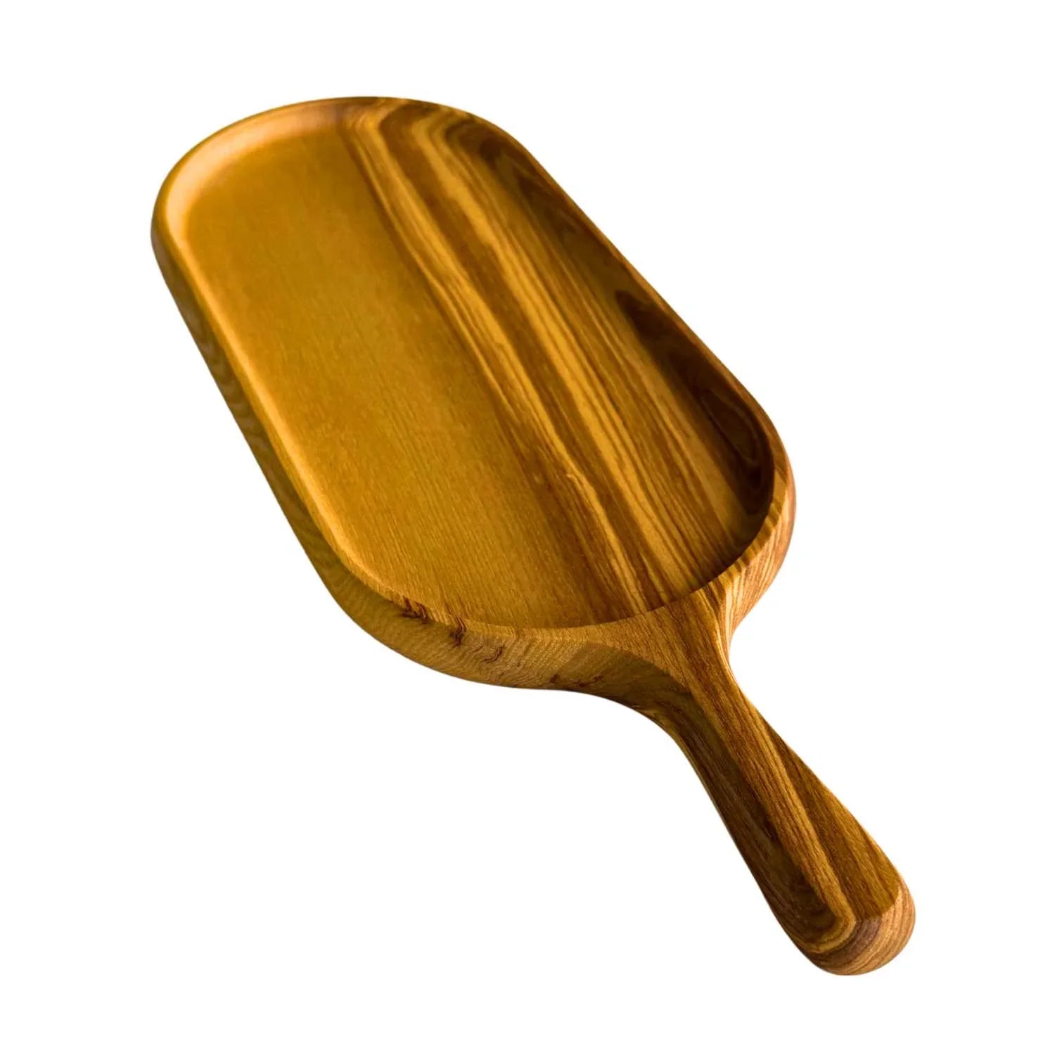 Handmade wooden serving board with a handle, featuring natural wood grain patterns