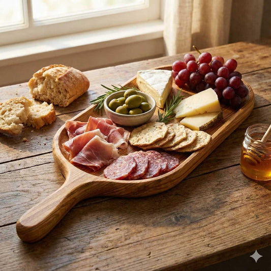 Wooden serving board with handle holding cheese, grapes, olives, crackers, cured meats, and bread on rustic table