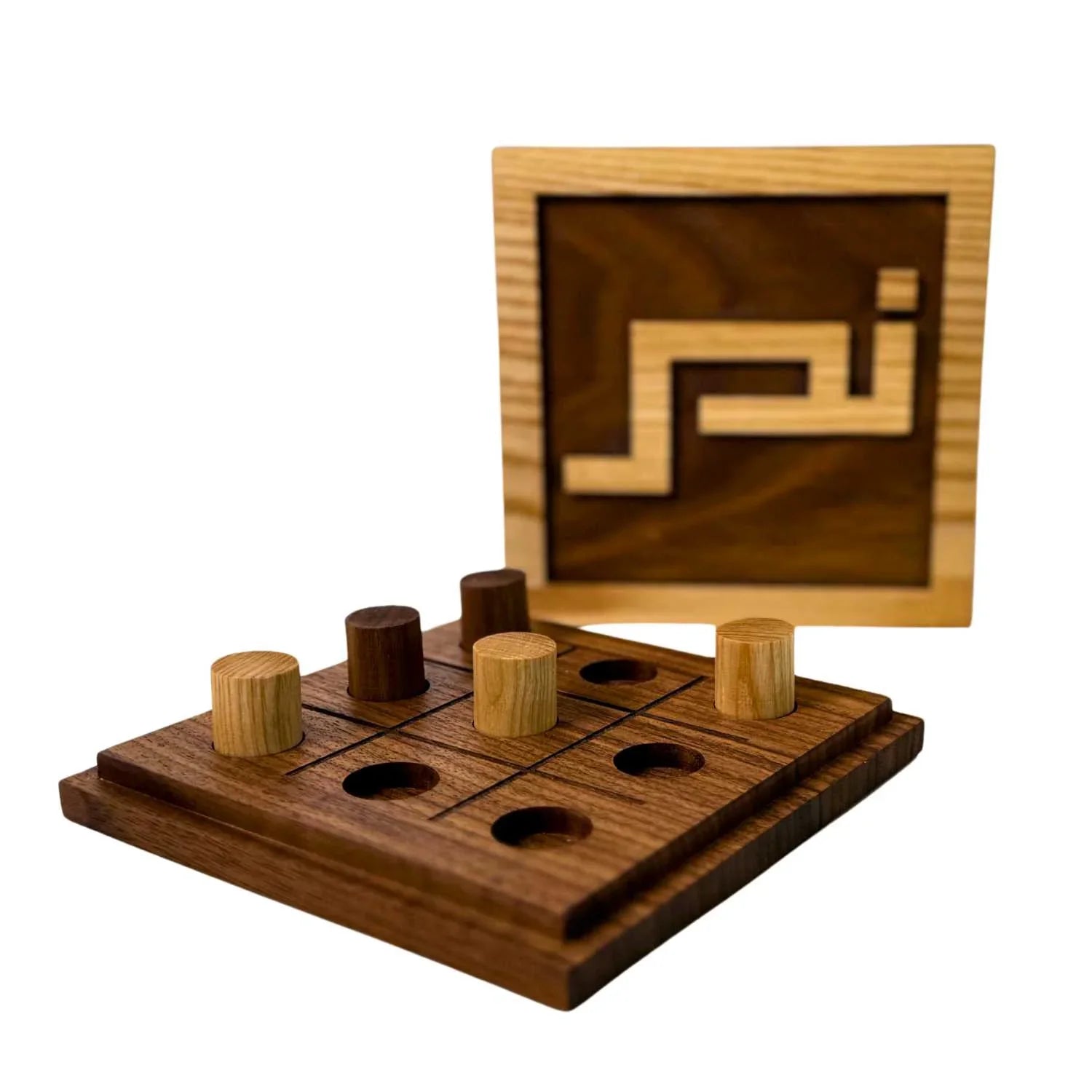 Wooden tic tac toe game set with natural and dark wood pieces and a decorative wooden box