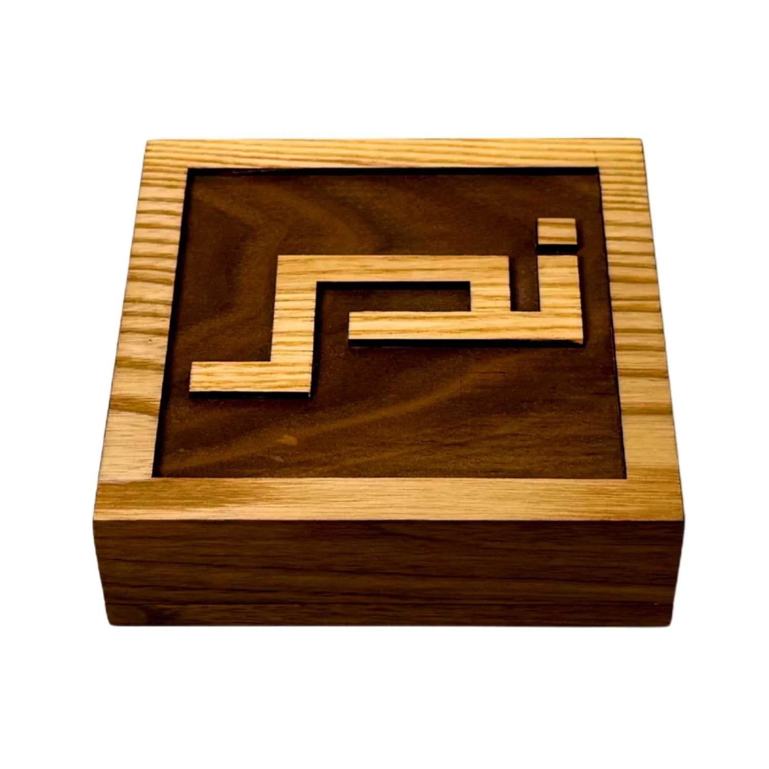 Square wooden puzzle box with interlocking geometric design on lid, natural wood finish