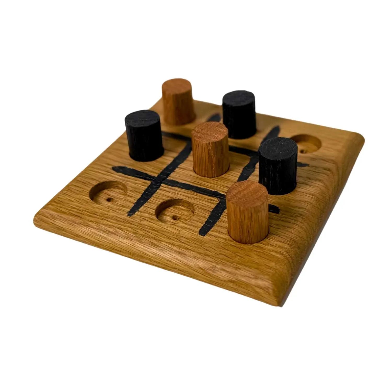 Wooden tic-tac-toe game with black and brown pieces on a white background