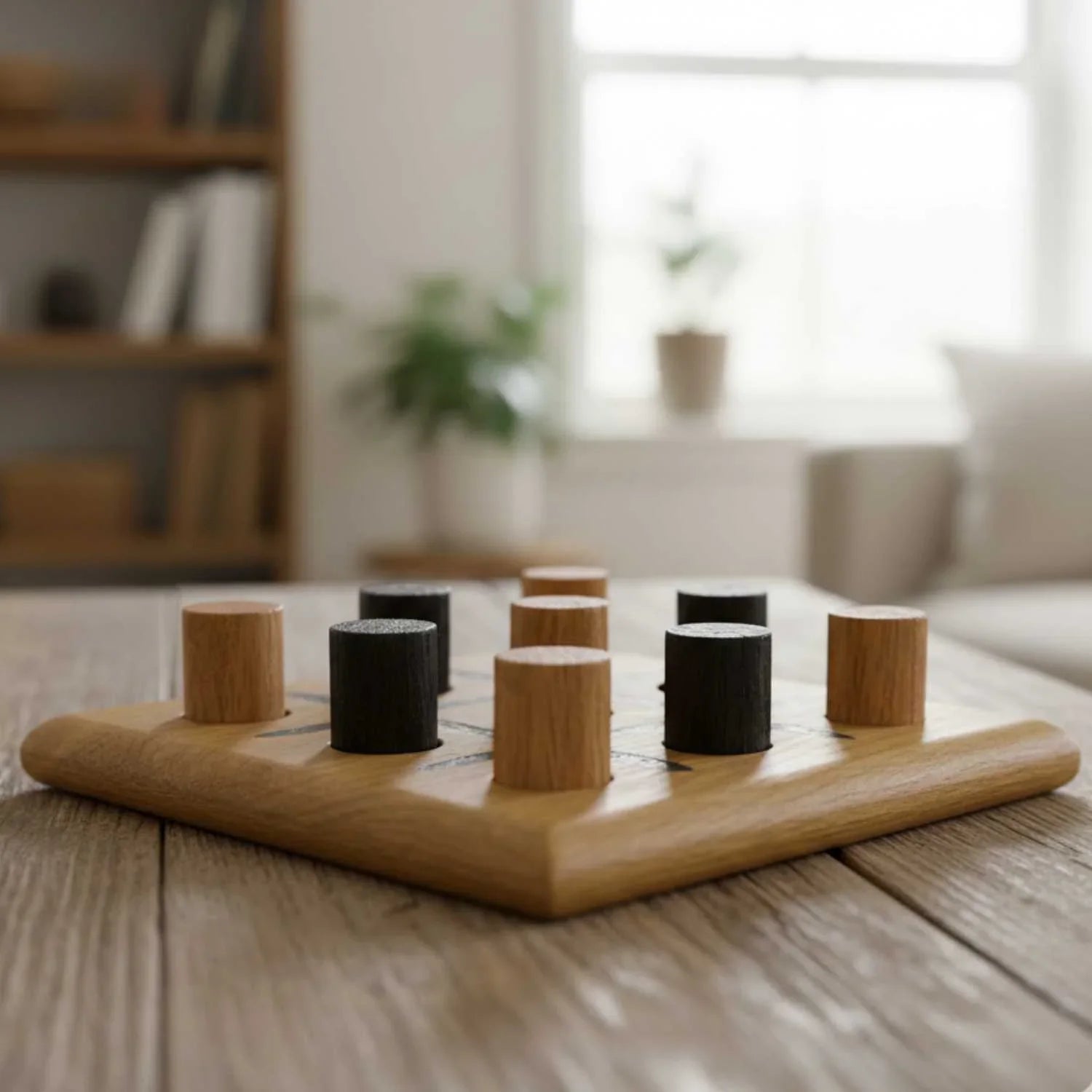 Wooden puzzle with cylindrical pieces on a wooden table in a blurred indoor setting