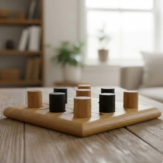 Wooden puzzle with cylindrical pieces on a wooden table in a blurred indoor setting